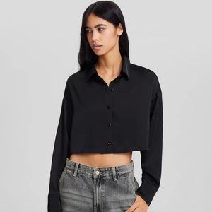 Bershka Cropped Satin Shirt in Black, Size Small